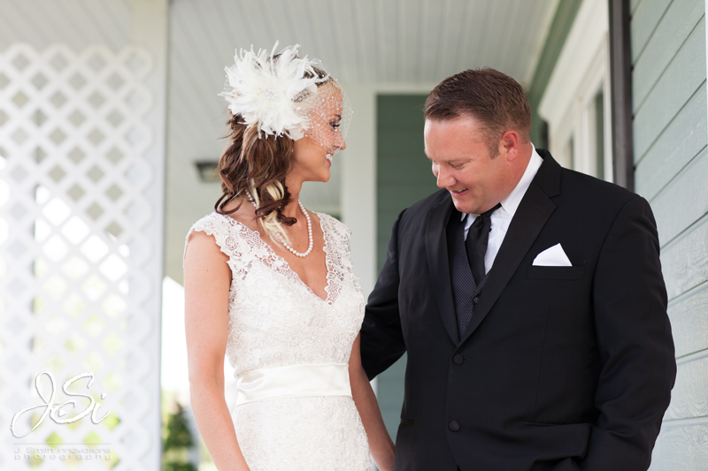 Olathe Kansas rustic outdoor wedding birdcage veil dress groom bride first look picture