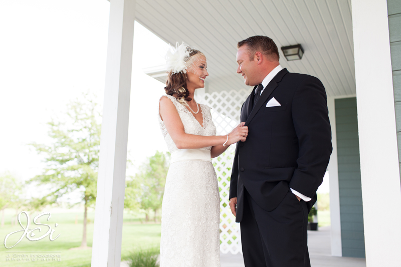 Olathe Kansas rustic outdoor wedding birdcage veil dress groom bride first look picture