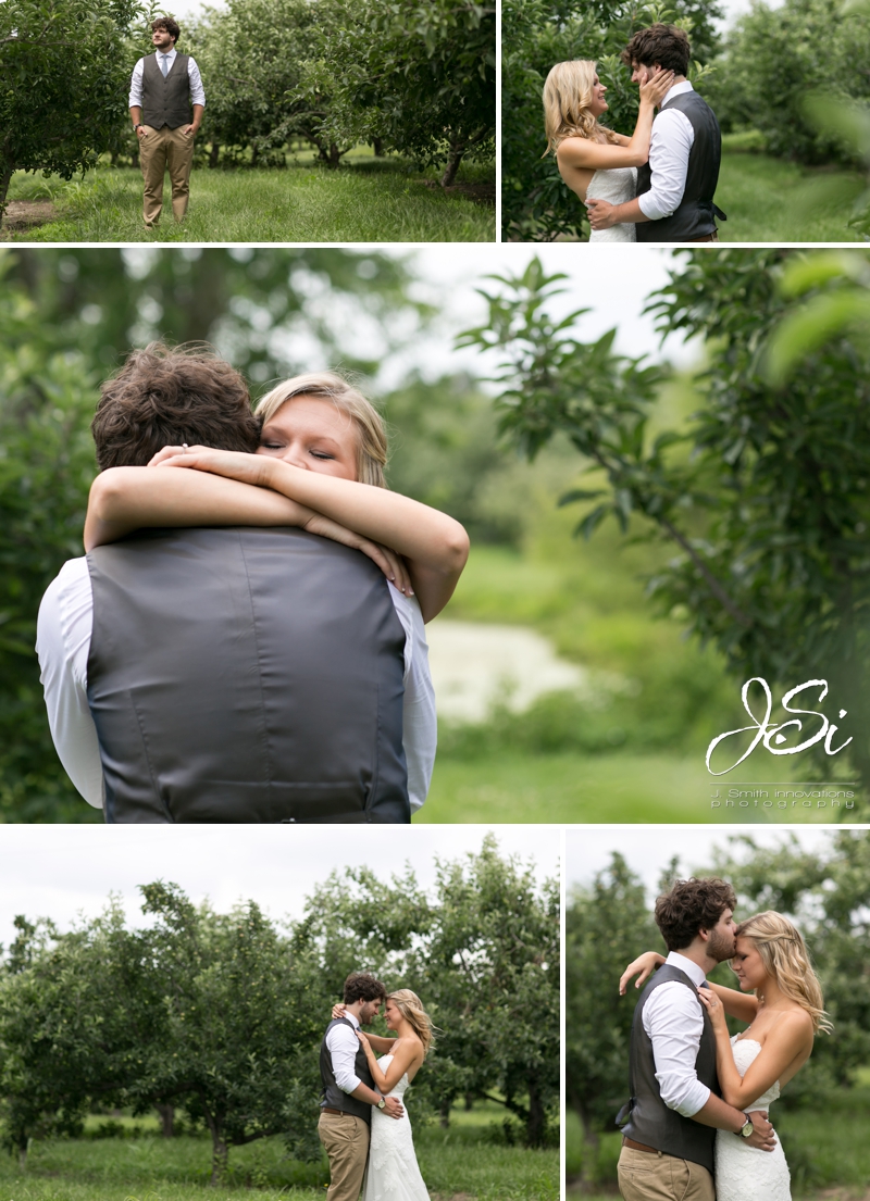 KC Cider Hill Orchard rustic outdoor wedding first look photo