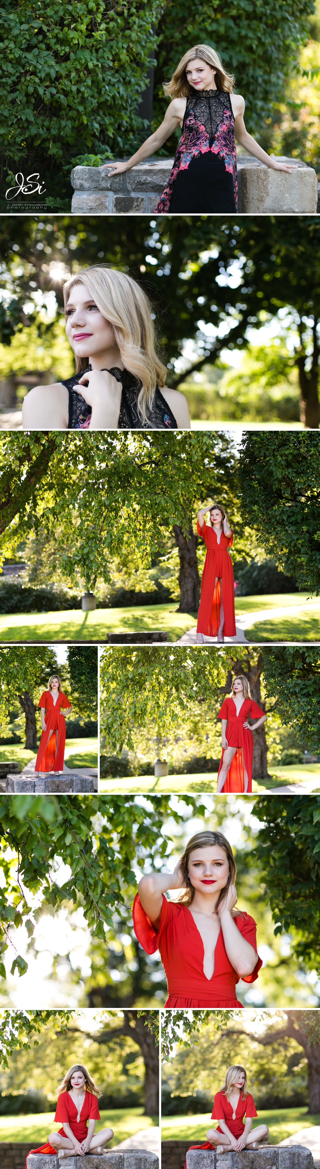 Kansas City stunning confident Hays Kansas High School Senior Loose Park red dress photo