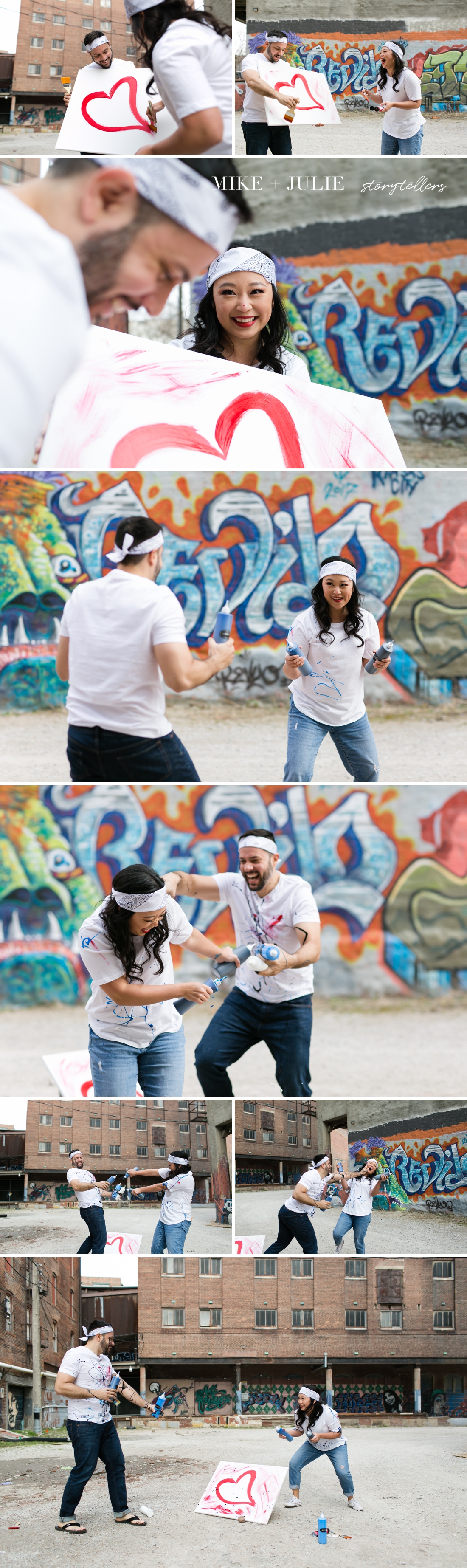 playful paint fight engagement session in West Bottoms KC photo