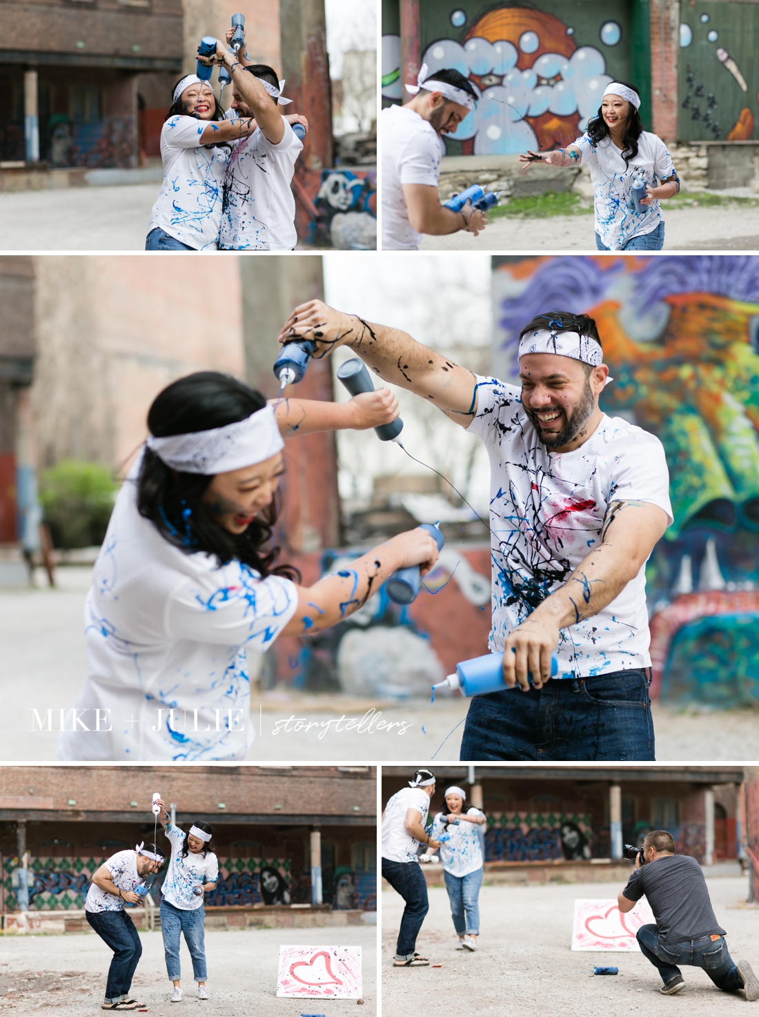 playful paint fight engagement session in West Bottoms KC photo