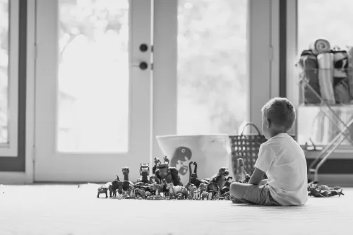 genuine story moment of boy and his dinosaurs lined up photo